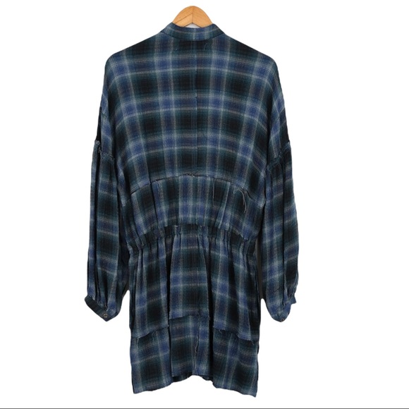 Free People We the Free By The Way Navy Plaid Puffed Sleeved Mini Dress Size S - Picture 5 of 7